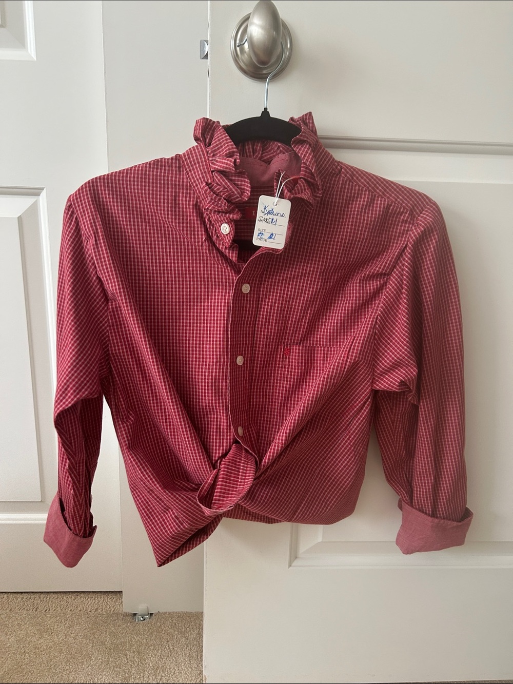 Izod Red Micro-Check Button-Down Shirt recreated with a ruffle collar for women